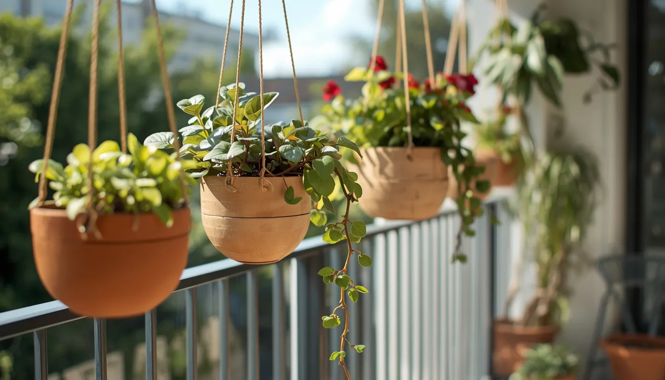 Handmade hanging planters decorating a sunny balcony